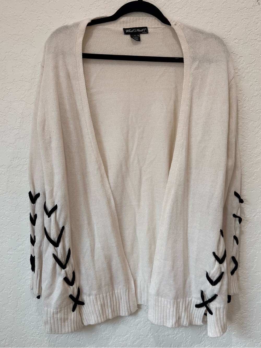 Versatile Cream Open-Front Cardigan with Black Lace-Up Sleeve Detail